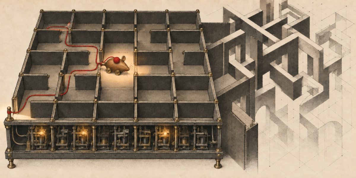A relay-bank maze with a small mechanical mouse following a red thread toward the way out.