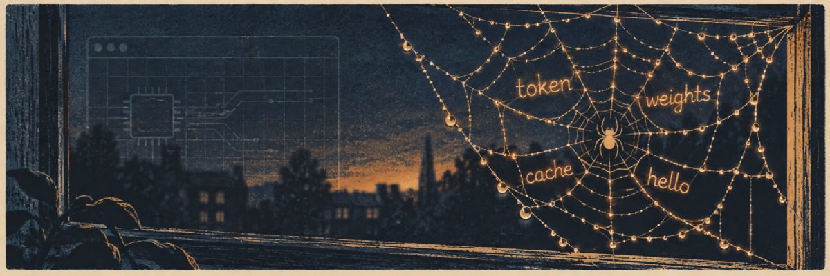 A small spider in a web of strung lights at night, with words woven into the threads.