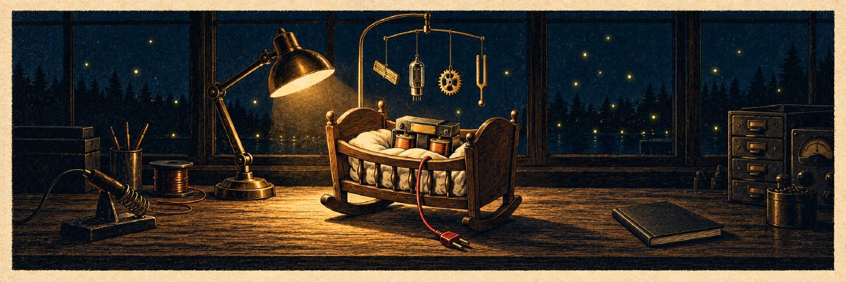 A small electrical transformer rests in a wooden cradle under a brass desk lamp, with a red power lead trailing onto the workbench.