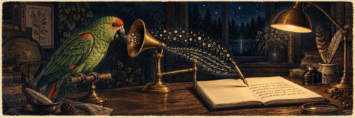 A green parrot speaks into a brass listening horn, with glowing marks becoming handwriting above an open notebook in a lamplit study.