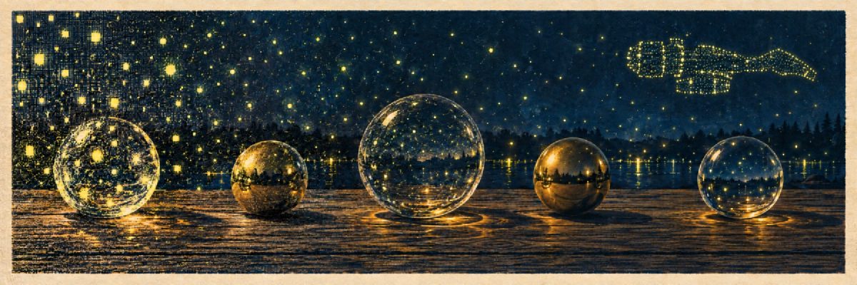 Glass and brass spheres on a table at night, lit by fireflies that settle into the outline of a small ship.