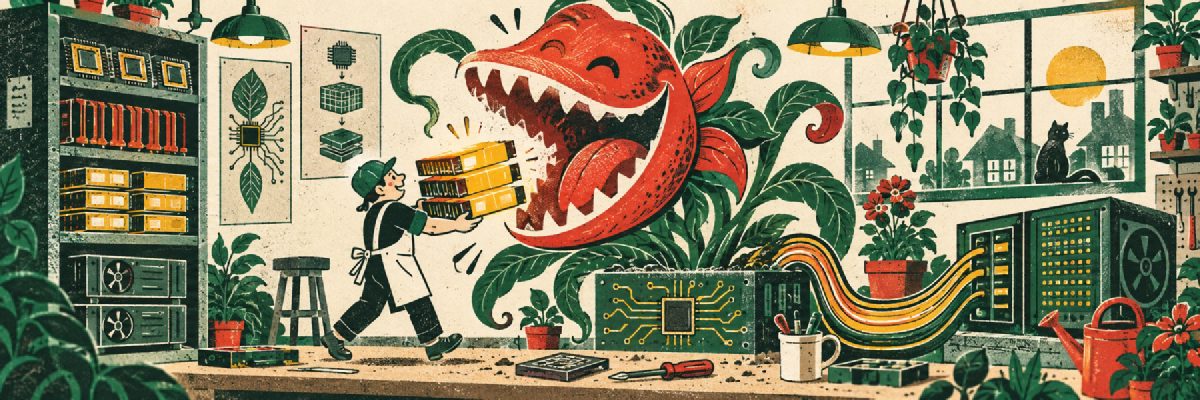 A screenprint of a giant red plant swallowing a stack of memory chips carried by a small figure.